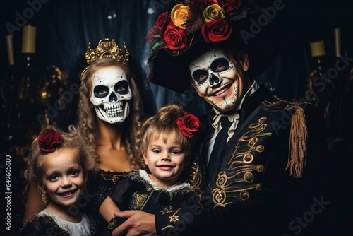 Happy family mother, father and two daughters in costumes and makeup on a celebration of Halloween on dark background.