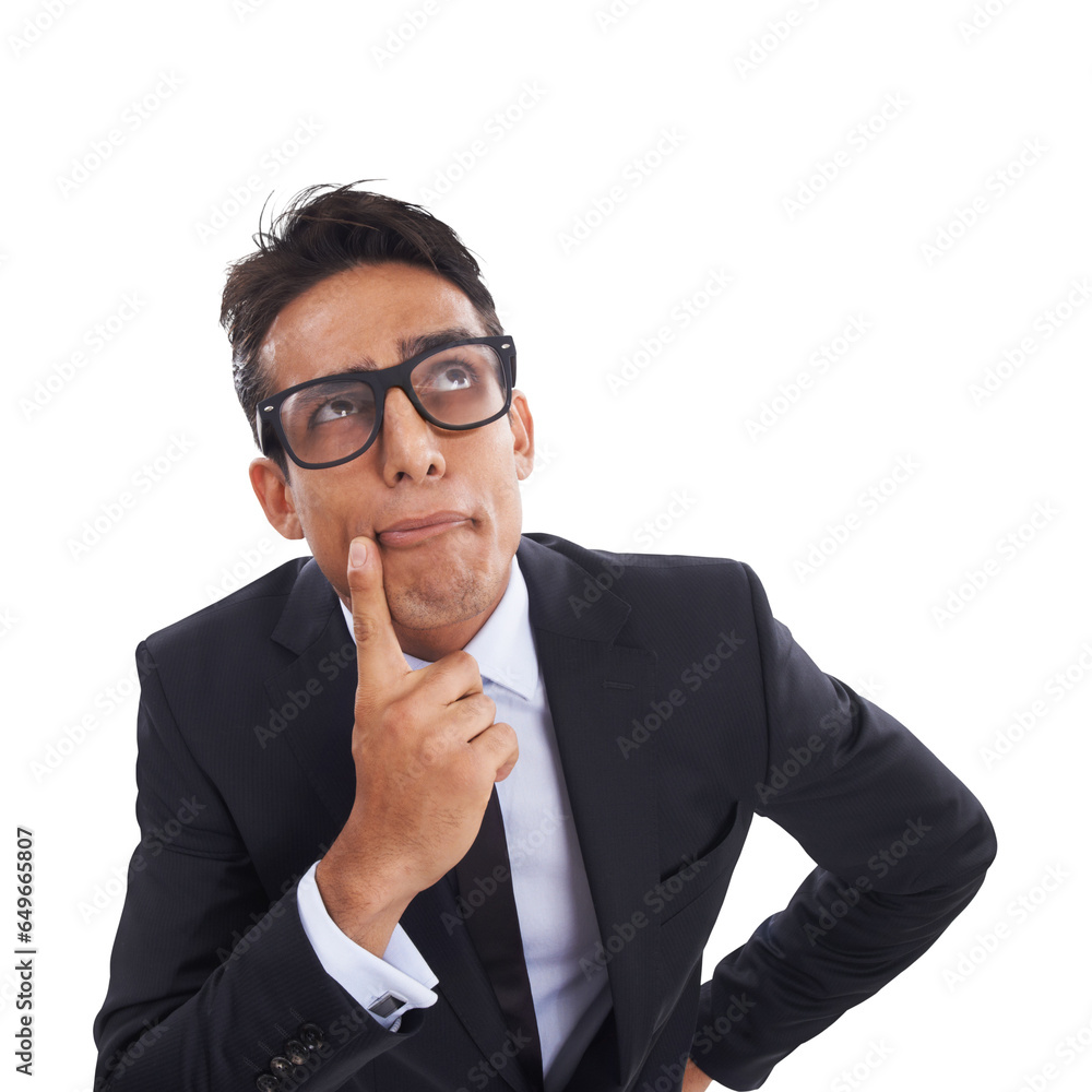 Business, questions and face of man with thinking emoji on isolated, transparent and png background. Why, idea and male entrepreneur with doubt gesture for faq, ask or decision, choice or planning Business, questions and face of man with thinking emoji on isolated, transparent and png background. Why, idea and male entrepreneur with doubt gesture for faq, ask or decision, choice or planning