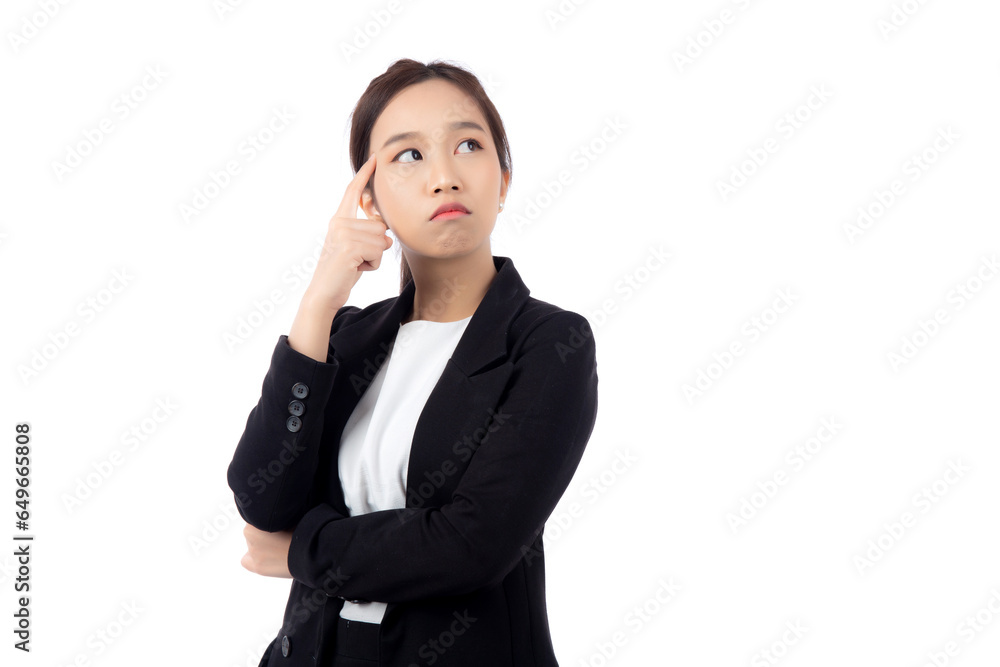 Portrait beautiful young asian businesswoman standing thinking idea with doubt for planning while serious isolated white background, business woman decision for choice with expression confused. Portrait beautiful young asian businesswoman standing thinking idea with doubt for planning while serious isolated white background, business woman decision for choice with expression confused.