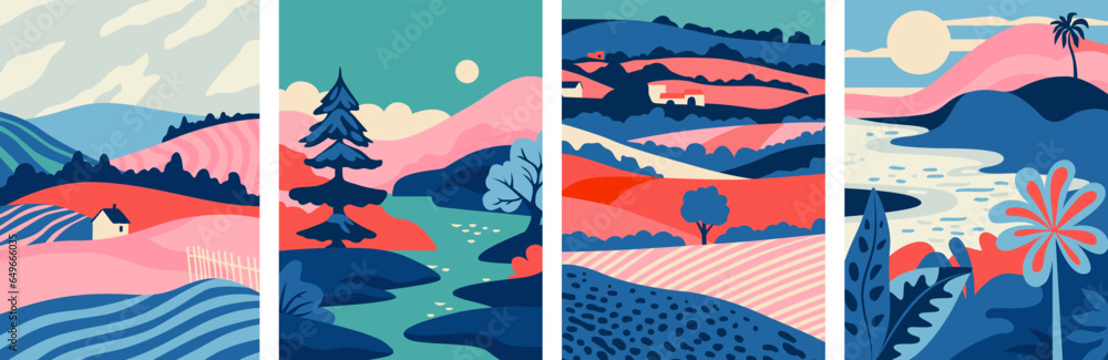 Fototapeta premium Set of abstract nature landscape banner collection. Trendy flat art style backgrounds of diverse vintage travel scenery. Nature environment, farm, forest biomes.