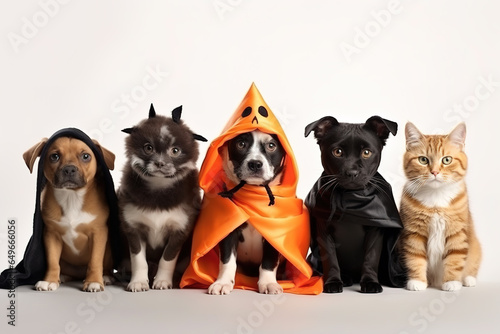 Cute dogs and cats together wearing Halloween costumes isolated on white background.