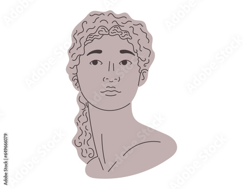 Antique female head. Clay stone sculpture of a Greek woman. Classic vector isolated flat bust of an ancient goddess.