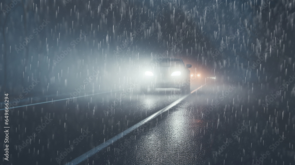 rain autumn headlights car highway fog, background with a copy of the space, oncoming car with fog lights in motion - obrazy, fototapety, plakaty 
