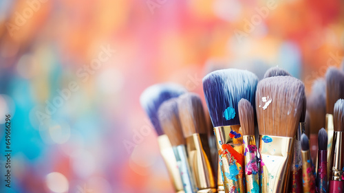 bright multicolored creative background, a group of brushes with paint on the background of a multicolored spectrum canvas, the idea of creativity banner, team photo
