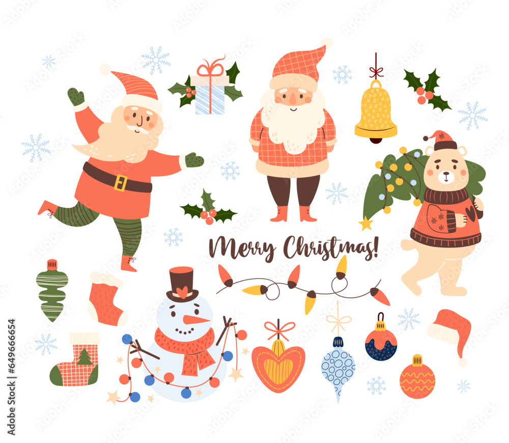 Fototapeta premium Christmas cartoon collection. New Year characters Santa Claus, bear with tree, snowman with garland, stocking and balls toys and bell. Vector illustration. Isolated holiday elements for design.