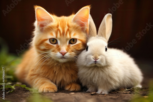 Little red kitten and a rabbit on the grass background