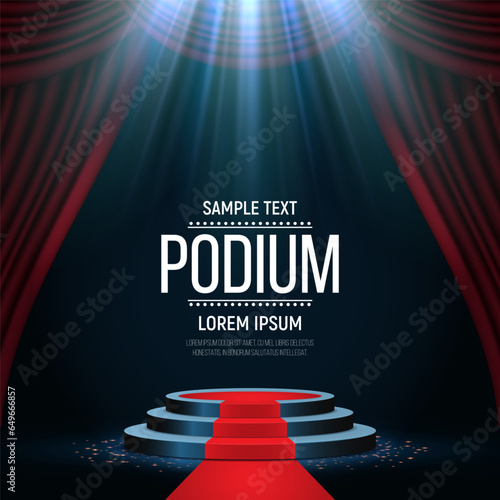 Podium illuminated by spotlights with a red carpet and curtain. Empty pedestal for award ceremony or presentation. Vector illustration.
