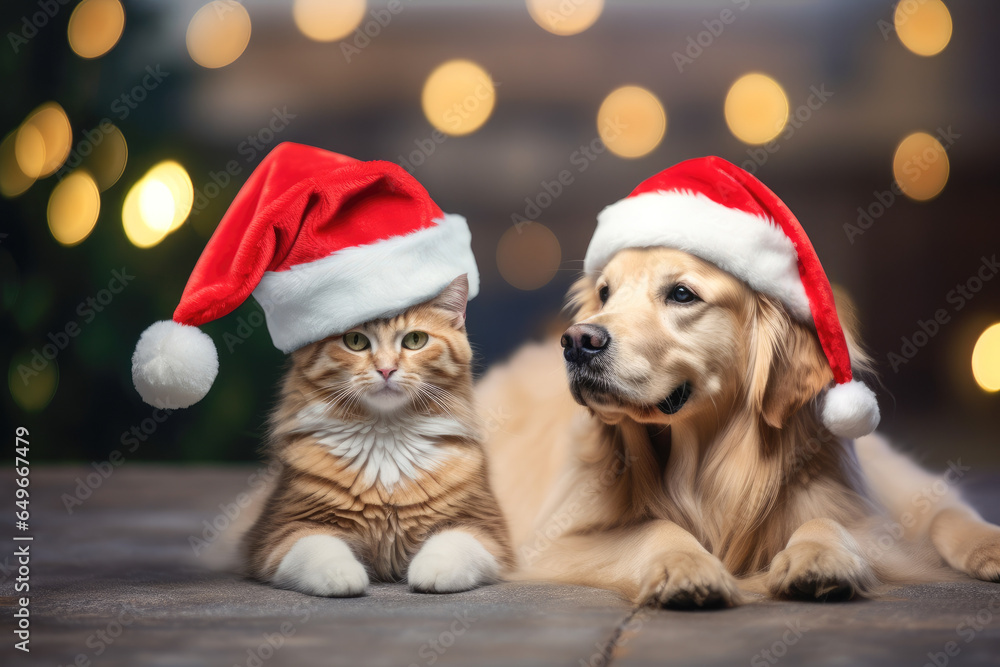 A cat and a golden retriever dog in Santa Claus hats against a background of bright bokeh. Christmas and New Year with pets.