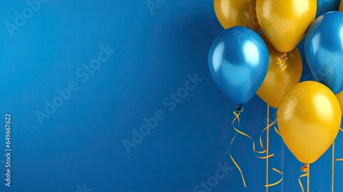 blue blue and yellow balloons on blue background, in the style of gold and blue, photorealistic pastiche photo