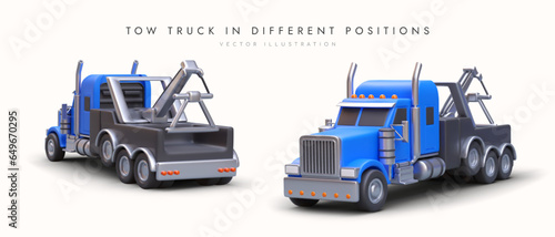 Blue 3D tow truck, front and back view. Set of isolated images. Services of transportation of broken, impounded car. Color detailed illustration of special equipment