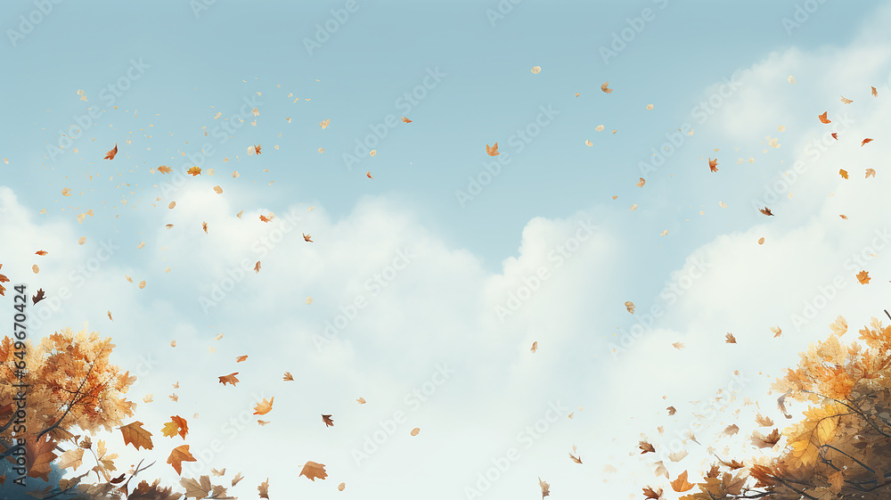 autumn frame of dry falling yellow leaves against a blue sky with white clouds, an empty blank with a copy space autumn frame of dry falling yellow leaves against a blue sky with white clouds, an empty blank with a copy space