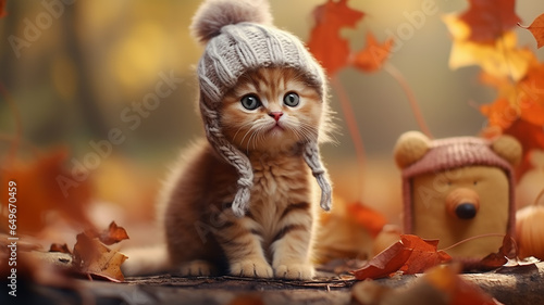 a cute little kitten is wearing a hat, posing in an autumn park among fallen yellow leaves, the background of the autumn calendar is a joke