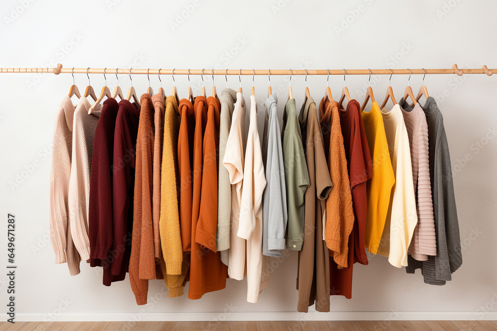 Many autumn clothes hanging in row Many autumn clothes hanging in row