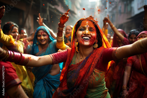 beautiful Indian women's dancing in street, Holi holiday
