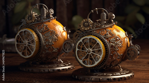  floral, vintage background, fruit, products, enginer, generative, ai, steampunk, clockwork, brooc, yellow, lemon photo