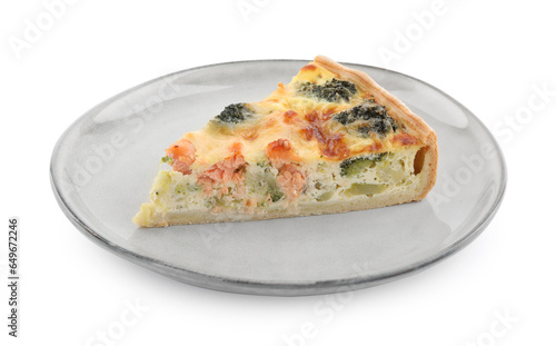 Piece of delicious homemade quiche with salmon and broccoli isolated on white