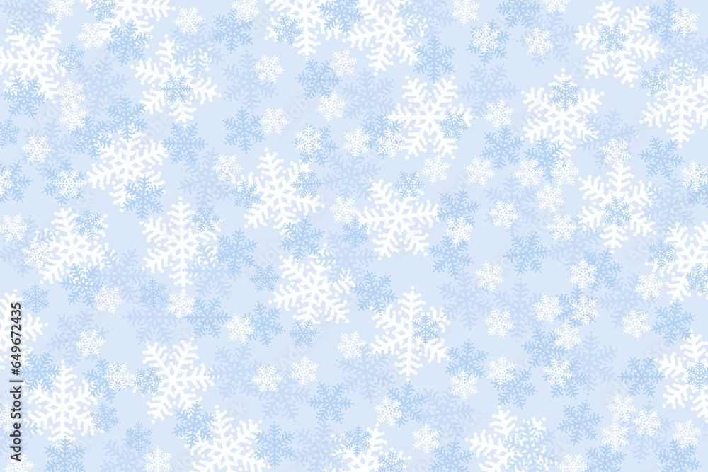 White and light blue snowflakes on light blue background, different shades and sizes of snowflakes, decorative pattern of the background. Christmas or winter motif. White and light blue snowflakes on light blue background, different shades and sizes of snowflakes, decorative pattern of the background. Christmas or winter motif.