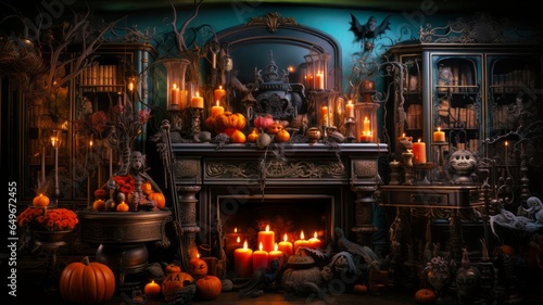 Candlelit pumpkins and a fireplace set a haunting backdrop, accented by a bat statue and decor. A bewitching space for Halloween lovers. Generative AI