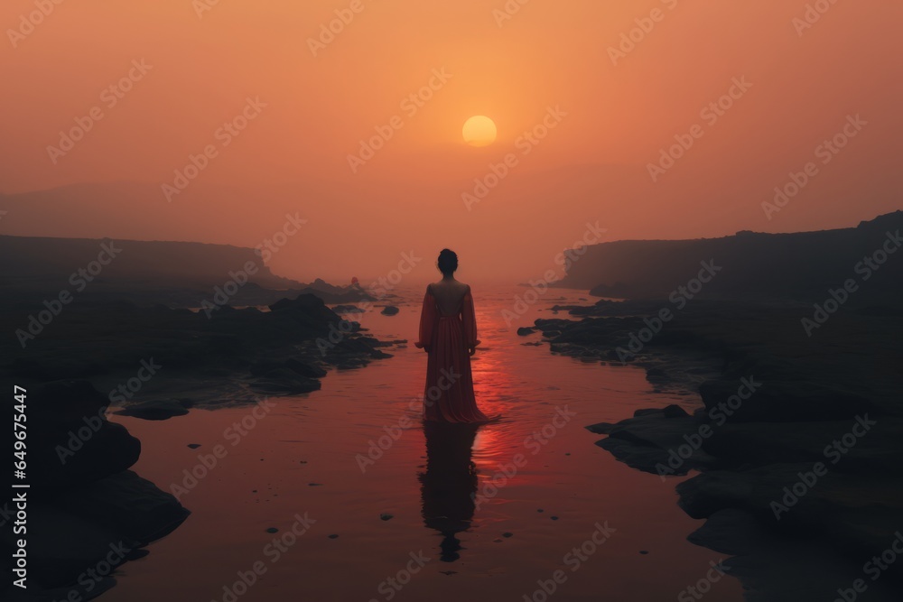Ethereal lone woman stands amidst an orange-pink tinted landscape, evoking a sense of surreal solitude.

