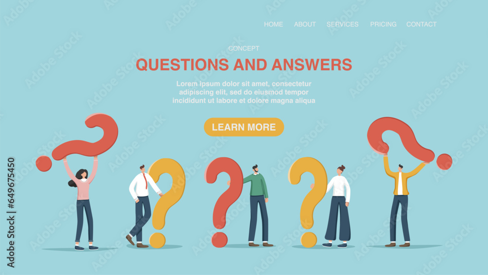 Vector illustration for poster, website, web page, banner with set of people holding question marks. Analysis of consumer market and competitors. Questions and answers, FAQ, frequently asked questions Vector illustration for poster, website, web page, banner with set of people holding question marks. Analysis of consumer market and competitors. Questions and answers, FAQ, frequently asked questions