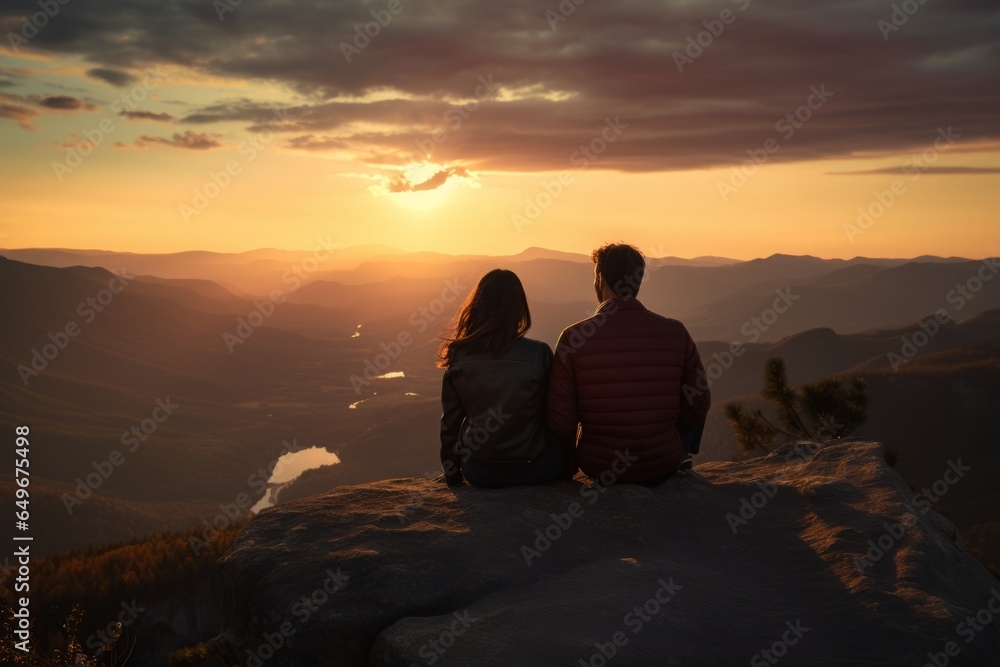A couple, perched on a cliff's brink, is captivated by a fiery sunset illuminating the expansive valley beneath.

