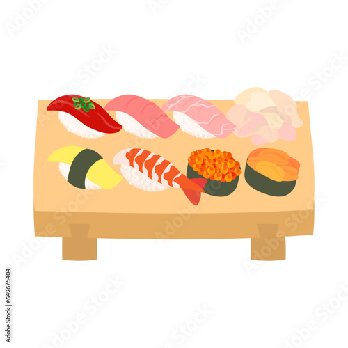 寿司下駄に乗った寿司。フラットなベクターイラスト。
Sushi on wooden sushi tray. Flat designed vector illustration.