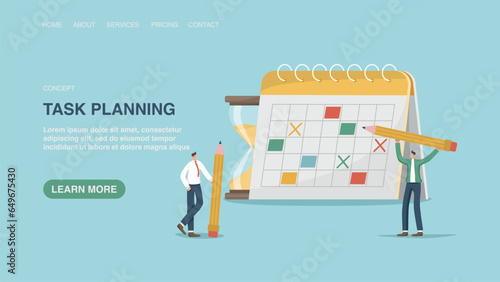 Vector illustration for poster, website, web page, banner with people near the calendar. Calendar schedule, work planning and organization, time management, business schedule of meetings and events.