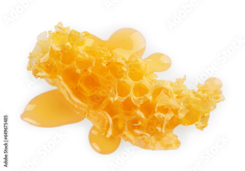 Piece of natural honeycomb with tasty honey isolated on white, top view