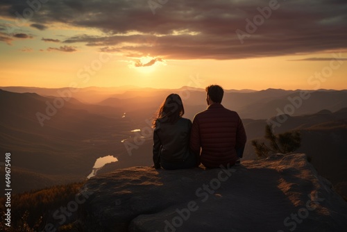 A couple, perched on a cliff's brink, is captivated by a fiery sunset illuminating the expansive valley beneath.