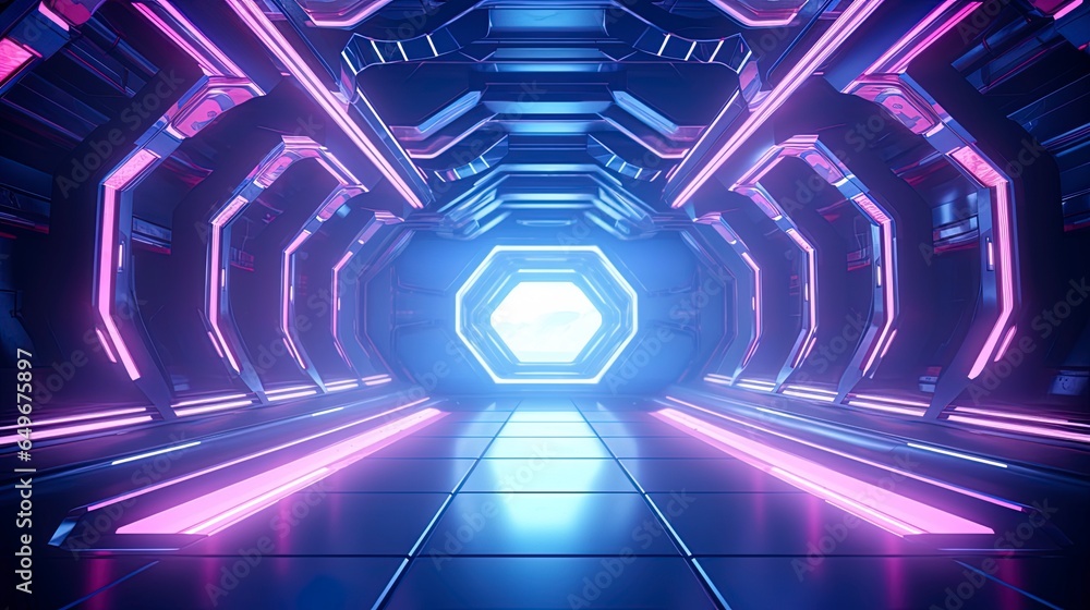 Blue and pink spaceship interior with a futuristic corridor in space station with glowing neon lights background. Blue and pink spaceship interior with a futuristic corridor in space station with glowing neon lights background.