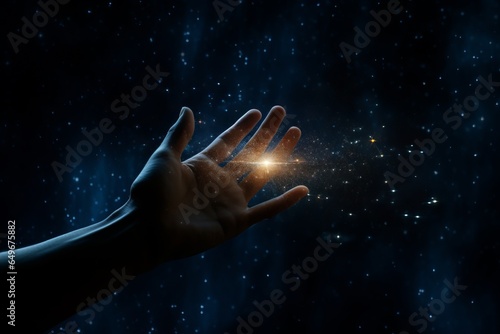 An outstretched hand serves as a celestial canvas, with shimmering constellations gracefully waltzing upon the palm, embodying the universe's touch.