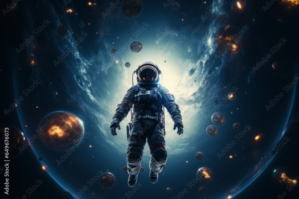 Astronaut effortlessly floating amidst cosmic celestial bodies, showcasing the vast wonders of space. Astronaut effortlessly floating amidst cosmic celestial bodies, showcasing the vast wonders of space.