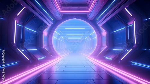 Fototapeta Naklejka Na Ścianę i Meble -  Blue and pink spaceship interior with a futuristic corridor in space station with glowing neon lights background.