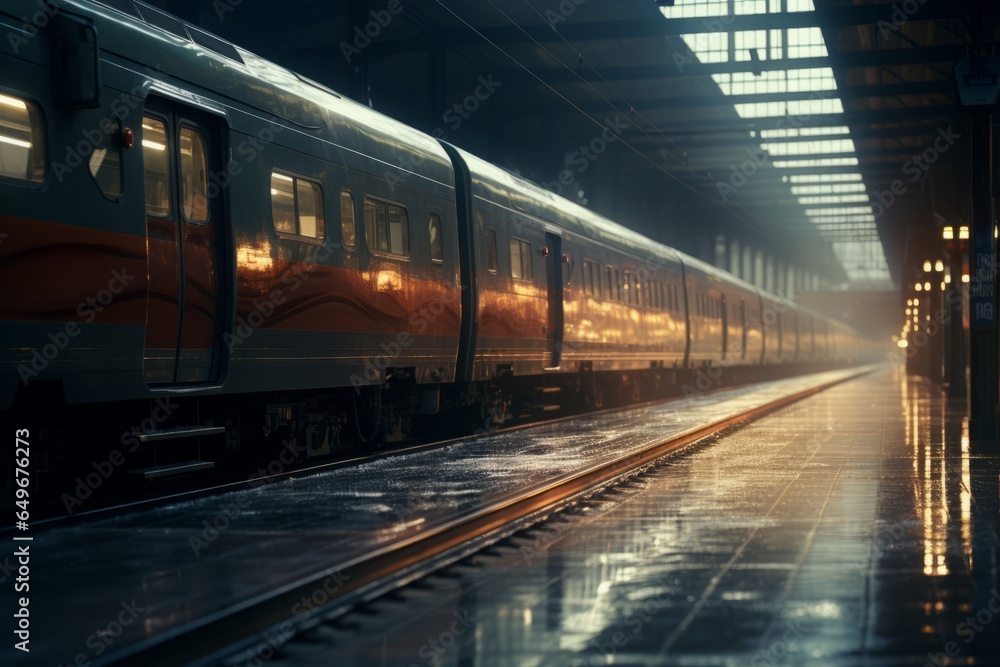 A bustling train station platform bathes in the warm glow of golden lights, as trains stand ready, poised for journeys into the heart of the night.