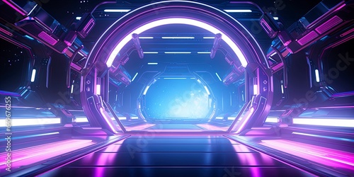 Fototapeta Naklejka Na Ścianę i Meble -  Blue and pink spaceship interior with a futuristic corridor in space station with glowing neon lights background.