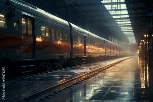 A bustling train station platform bathes in the warm glow of golden lights, as trains stand ready, poised for journeys into the heart of the night.
