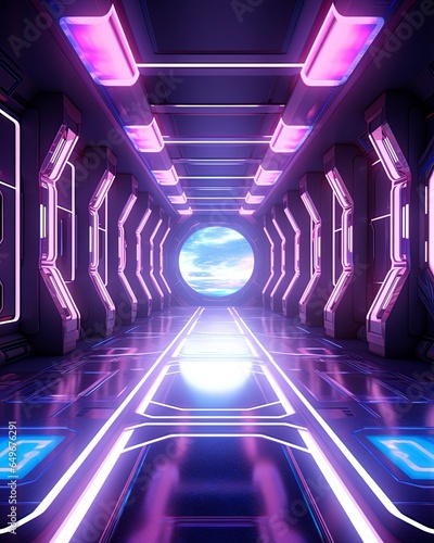 Fototapeta Naklejka Na Ścianę i Meble -  Blue and pink spaceship interior with a futuristic corridor in space station with glowing neon lights background.
