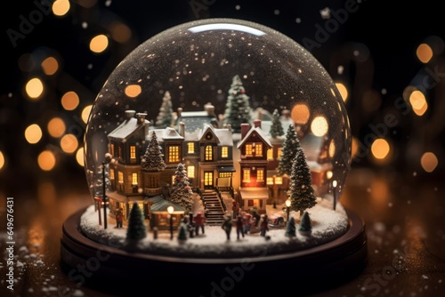 Within a shimmering snow globe, a miniature city bustles, alive with Christmas spirit and festive charm.