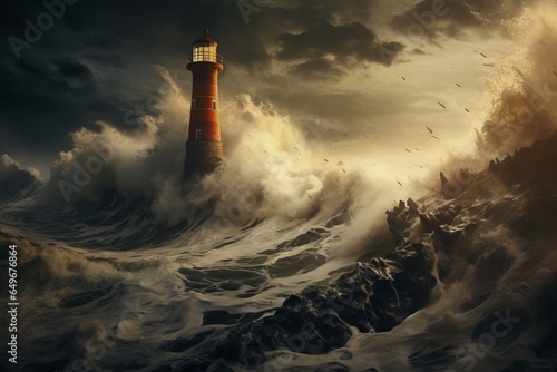 A stalwart lighthouse stands tall, casting a guiding beacon over tumultuous seas, a sentinel for ships in the storm's embrace