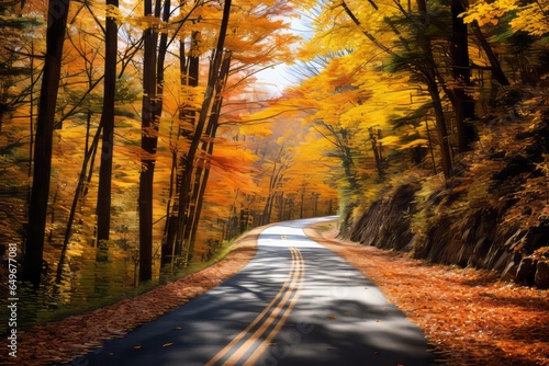 Illustration of a scenic winding road surrounded by vibrant autumn toned trees created with Generative AI technology