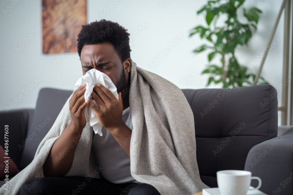 © gankevstock - Sick african american man sneezes into a paper napkin or handkarchief couch. New outbreak of the coronavirus pandemic. Covid pandemic in 2024 2025 pirola strain and omicron disease concept © gankevstock - Sick african american man sneezes into a paper napkin or handkarchief couch. New outbreak of the coronavirus pandemic. Covid pandemic in 2024 2025 pirola strain and omicron disease concept