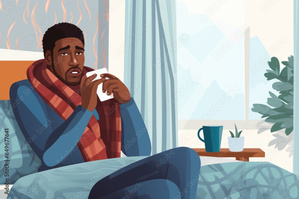 Sick african american man sneezes into a paper napkin or handkarchief