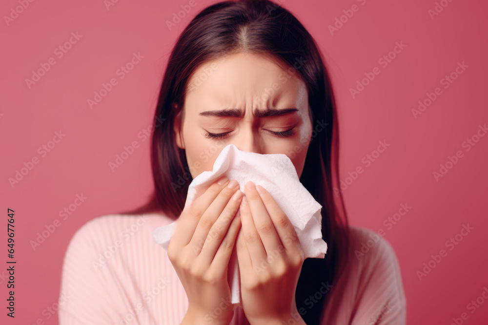 Sick girl sneezes into a paper napkin on a pink background. New outbreak of the coronavirus pandemic. Covid pandemic in 2024 2025 pirola strain and omicron concept disease Sick girl sneezes into a paper napkin on a pink background. New outbreak of the coronavirus pandemic. Covid pandemic in 2024 2025 pirola strain and omicron concept disease