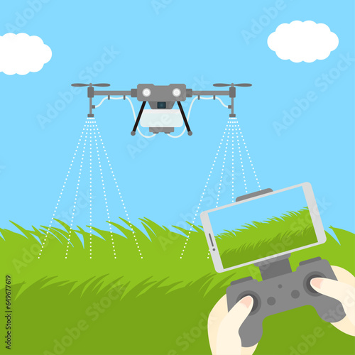 畑に液体を散布するドローンのイラスト