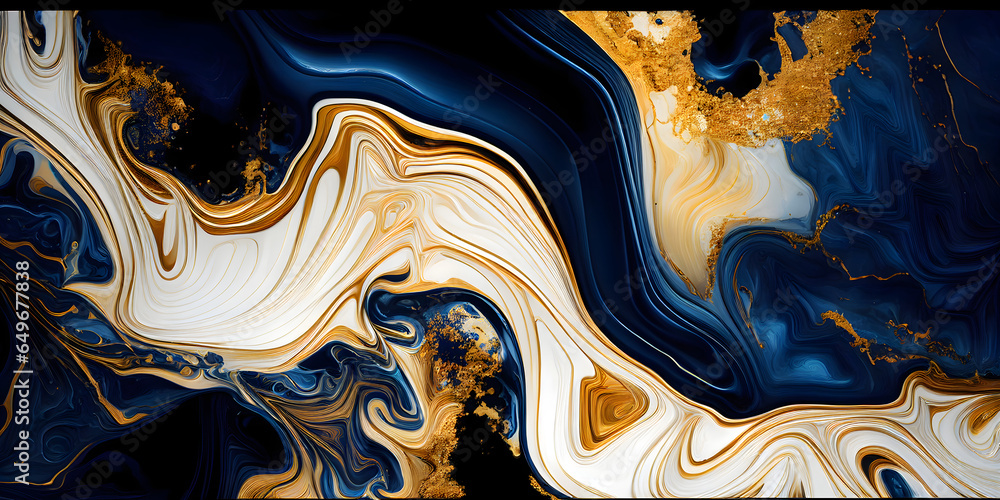 Abstract luxury marble background. Digital art marbling texture. Blue, gold and white colors. Generative AI.