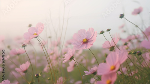 wild flowers, pink gerberas, daisies in the field, landscape view close-up of many pink flowers, delicate aroma soft pastel © kichigin19