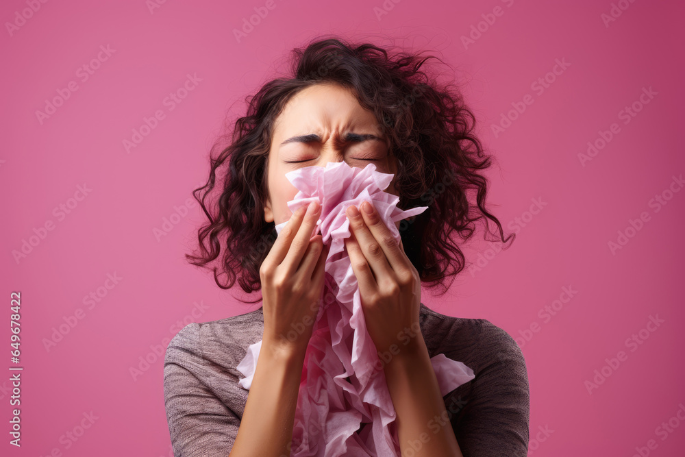 Sick girl sneezes into a paper napkin on a pink background. New