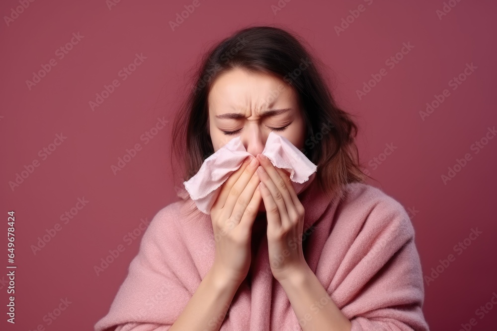 Sick girl sneezes into a paper napkin on a pink background. New