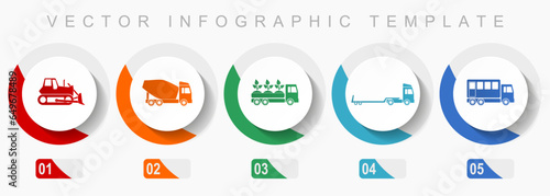 Transport icon set, miscellaneous icons such as bulldozer, concrete mixer, truck and delivery, flat design vector infographic template, web buttons in 5 color options
