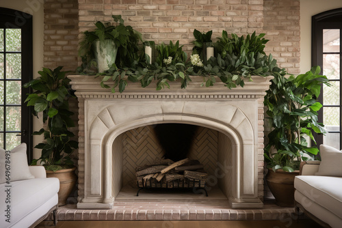 A whitewashed brick fireplace serves as a backdrop for draped greenery  giving a fresh and earthy look to the space